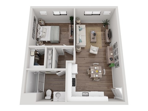 A top-down view of a small apartment with a bedroom, living room, and kitchen.